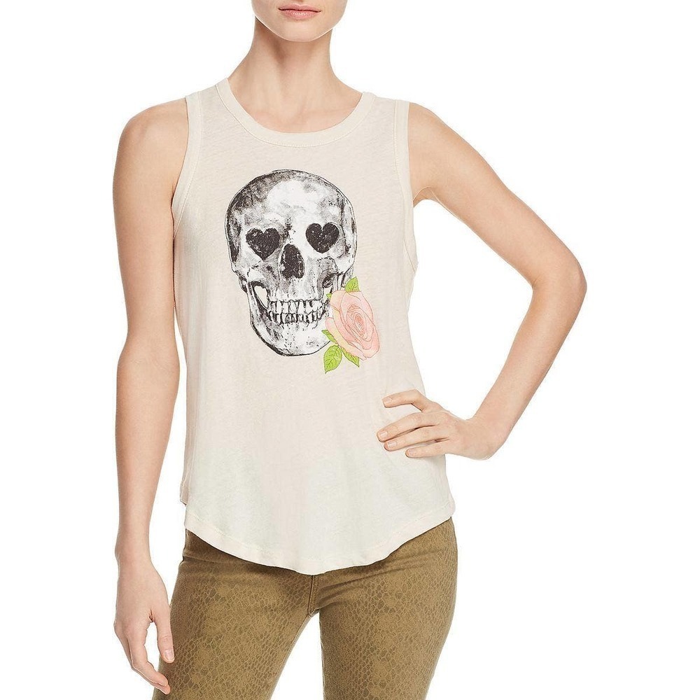Chaser NWOT Skull Floral Sleeveless Crew Neck Casual Tank Top Ivory Size Small